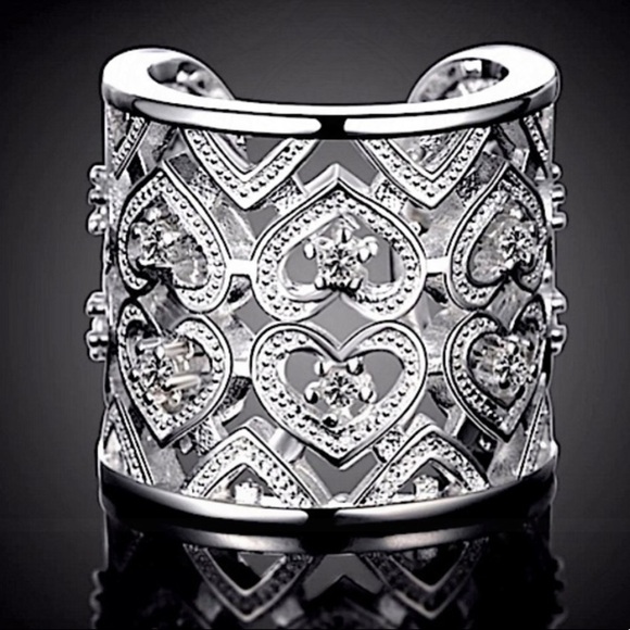 STERLING SILVER HEART HOLLOW OUT WIDE CUFF BANGLE BRACELET RING SET - Picture 8 of 15